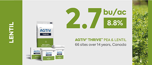 <p><em>* The average yield is a comparative analysis of performance data collected in plots with a field section treated with AGTIV<sup>®</sup></em> <em>and a control section.</em></p>
<p><em>+2.7 bu/ac (+8.8%) +182 kg/ha, 66 sites over 14 years, Canada</em></p>
<p><em><em><em>Note: 1 bu/ac = 67.25 kg/ha</em></em></em></p>