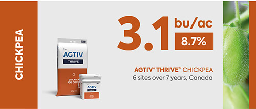 <p><em>* The average yield is a comparative analysis of performance data collected in plots with a field section treated with AGTIV<sup>®</sup></em> <em>and a control section.</em></p>
<p><em>+3.1 bu/ac (+8.7%) +208 kg/ha, 6 sites over 7 years, Canada</em></p>
<p><em><em><em>Note: 1 bu/ac = 67.25 kg/ha</em></em></em></p>