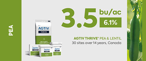 <p><em>* The average yield is a comparative analysis of performance data collected in plots with a field section treated with AGTIV<sup>®</sup></em> <em>and a control section.</em></p>
<p><em>+3.5 bu/ac (+6.1%) +235 kg/ha, 30 sites over 14 years, Canada</em></p>
<p><em><em><em>Note: 1 bu/ac = 67.25 kg/ha</em></em></em></p>