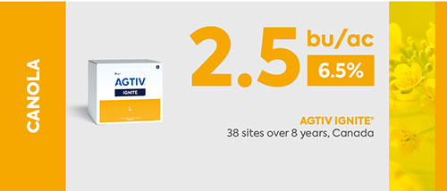 <p><em>* The average yield is a comparative analysis of performance data collected in plots with a field section treated with AGTIV<sup>®</sup> </em><em>and a control section.</em></p>
<p><em>+2.5 bu/ac (+6.5%), 38<em> sites over 8 years, Canada</em></em></p>
