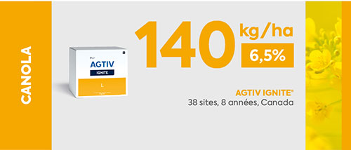<p><em><em><em><em>* La moyenne de rendement est une analyse comparative des données de performance recueillies dans des parcelles comportant une section de champ traitée avec AGTIV<sup>®</sup> et une section témoin.</em></em></em></em></p>
<p><em><em><em><em><em>+140 kg/ha (+6,5%), 38<em><em><em><em><em> sites, 8 années, Canada</em></em></em></em></em></em></em></em></em></em></p>