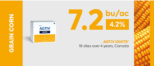 <p><em>* The average yield is a comparative analysis of performance data collected in plots with a field section treated with AGTIV<sup>®</sup> and a control section.</em></p>
<p><em>+7.2 bu/ac (+4.2%), 18 sites over 4 years, Canada</em></p>